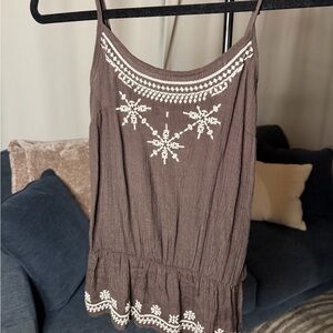 Iz Byer Dark Brown Top with White Embroidery